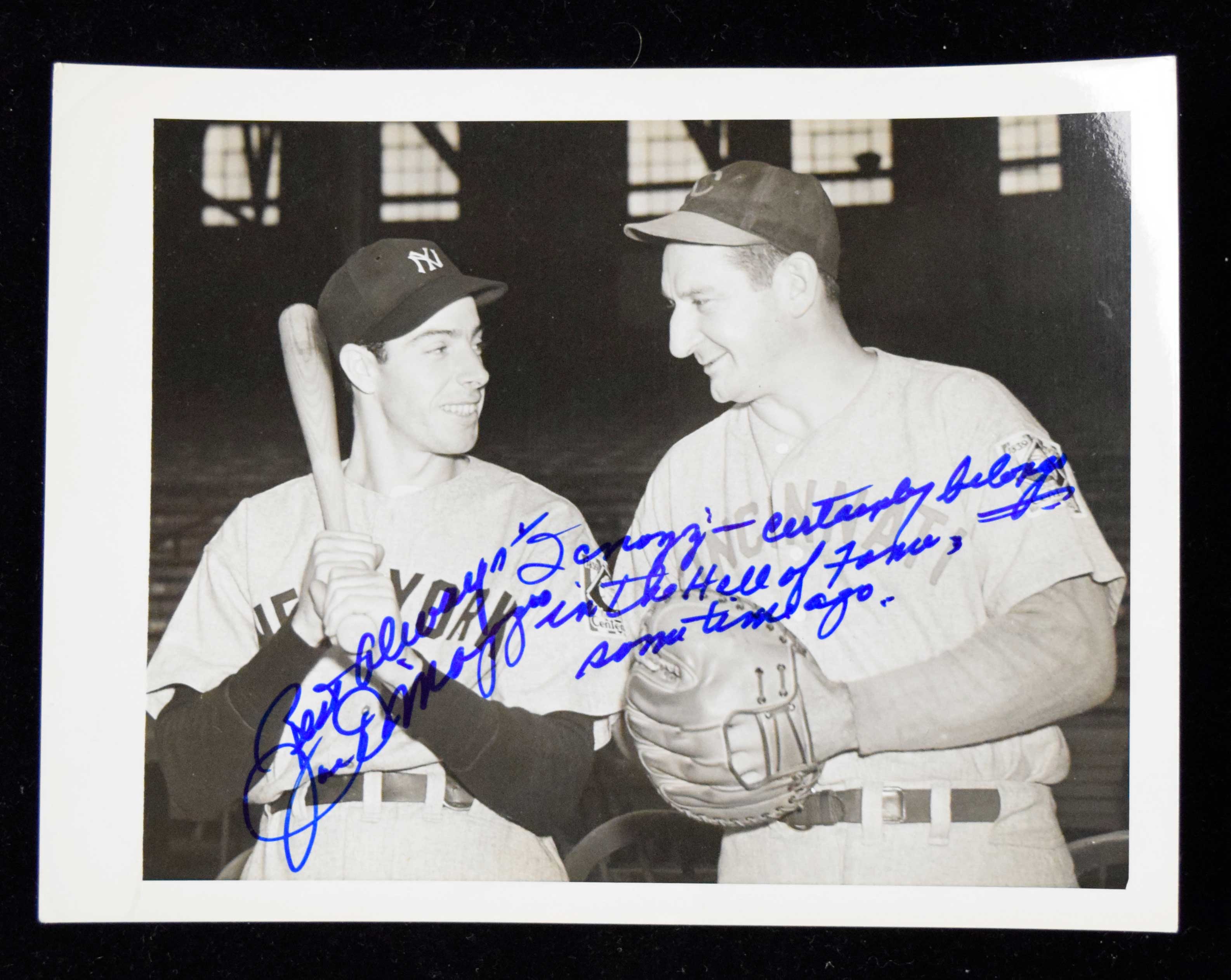 Joe DiMaggio signed vintage press photo with Ernie Lombardi inscription